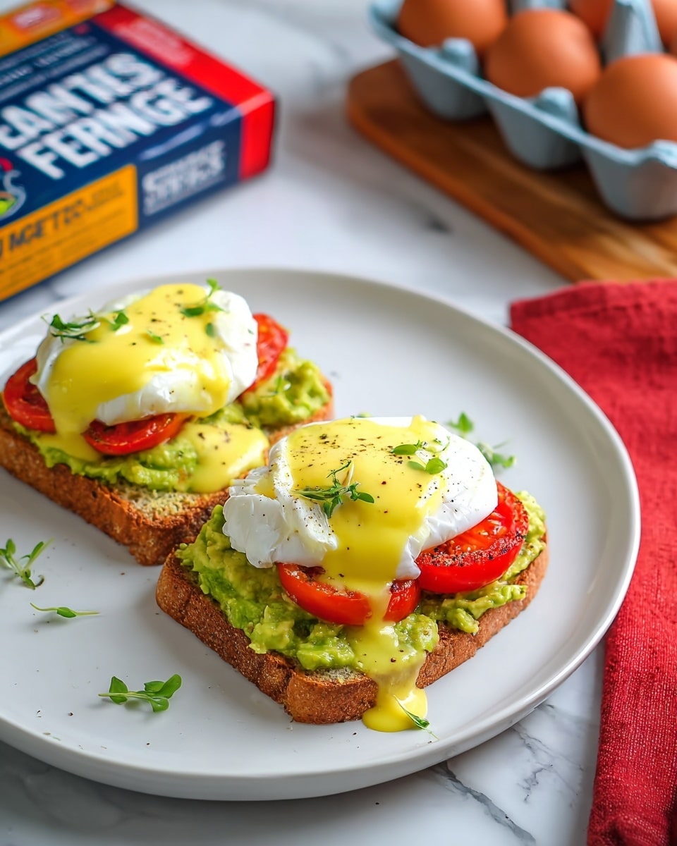 Eggs Benedict - Poached eggs with avocado and hollandaise on English muffin